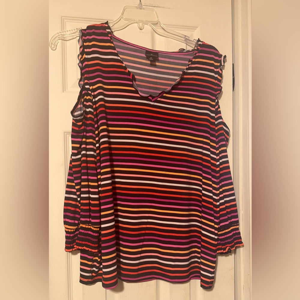 Women’s Worthington Cold Shoulder Ruffle Blouse XL Multicolor Stripe 3/4 Sleeve